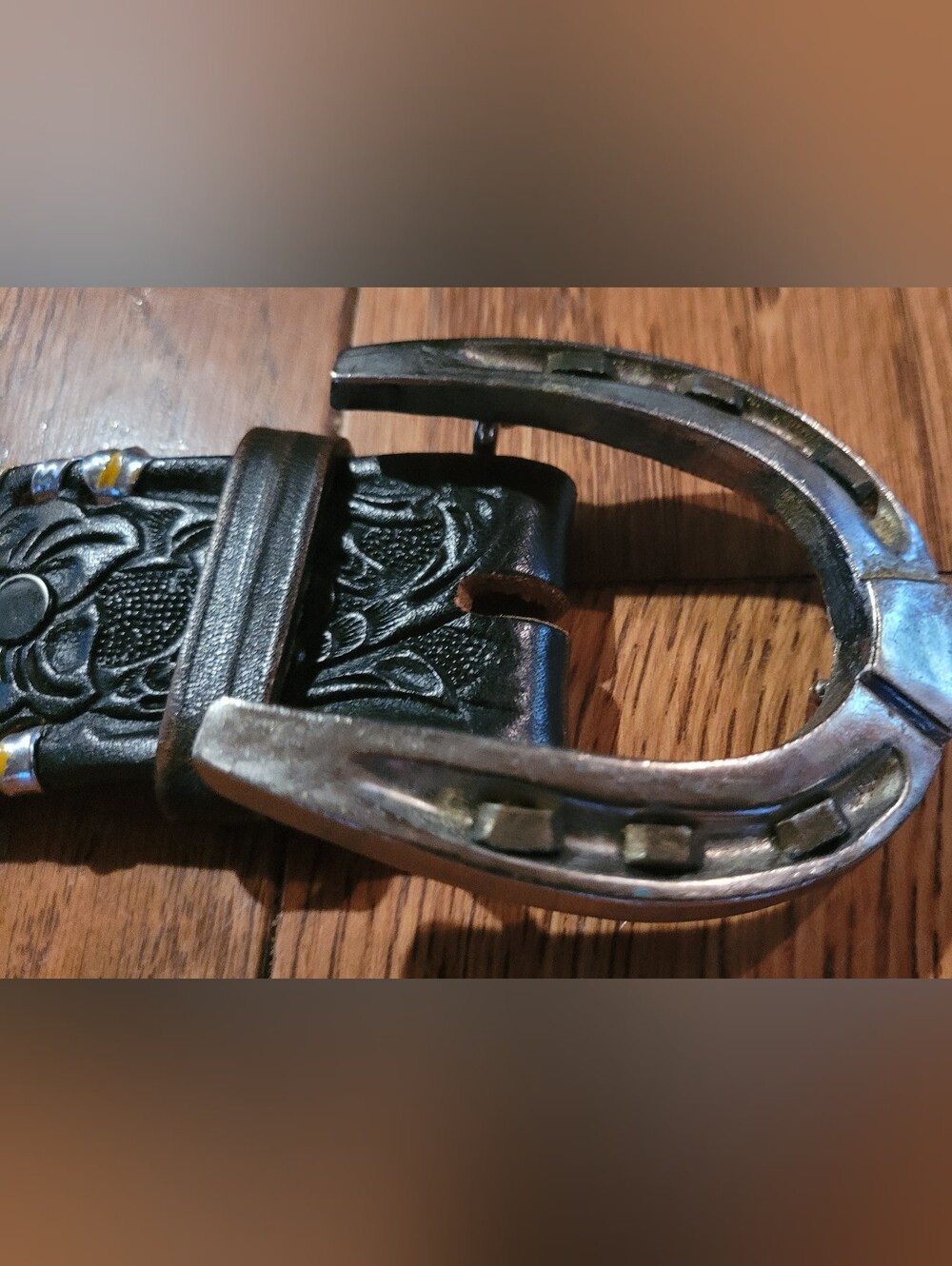 Nocona Black Tooled Leather Belt with Horseshoe Buckle (C01)